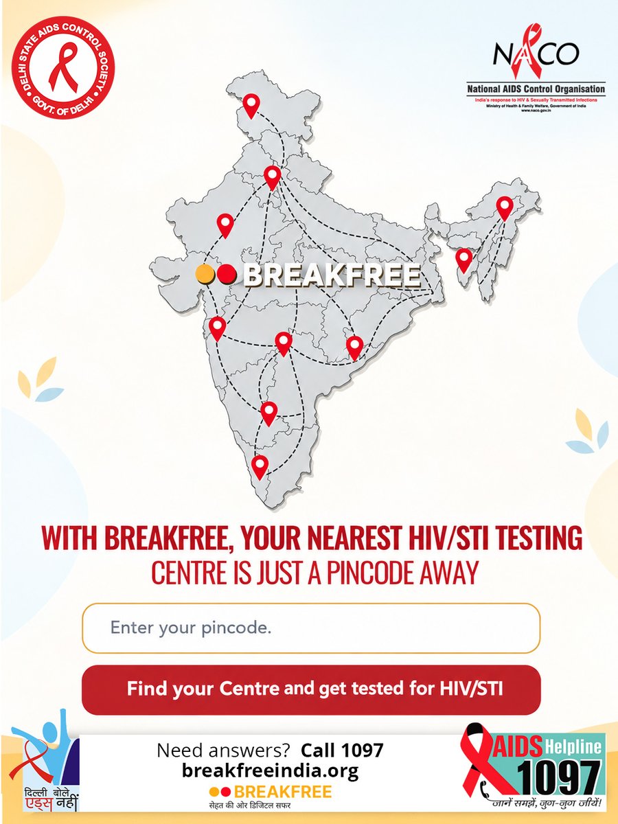 SACSDelhi's tweet photo. Getting tested for HIV/STIs is now easier with Breakfree. 📷
.
Simply enter your pincode to locate the nearest testing centre and take a responsible step towards better health and awareness.

#hivawareness #stiawareness #breakfree #dsacs https://t.co/o7lAtbbmD5