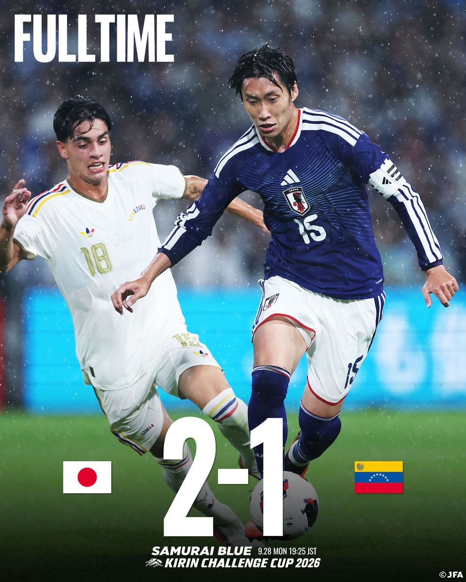 jfa_samuraiblue's tweet photo. 🔹試合終了🔹️

🏆キリンチャレンジカップ2026
🇯🇵#SAMURAIBLUE 2-1 ベネズエラ代表🇻🇪

地上波日テレ系＆TVerで只今放送中❗ ※一部地域除く
▶ https://t.co/TmSxuu8Umd
📱DAZNライブ配信

#サッカー日本代表 https://t.co/3vEUVvAZvA