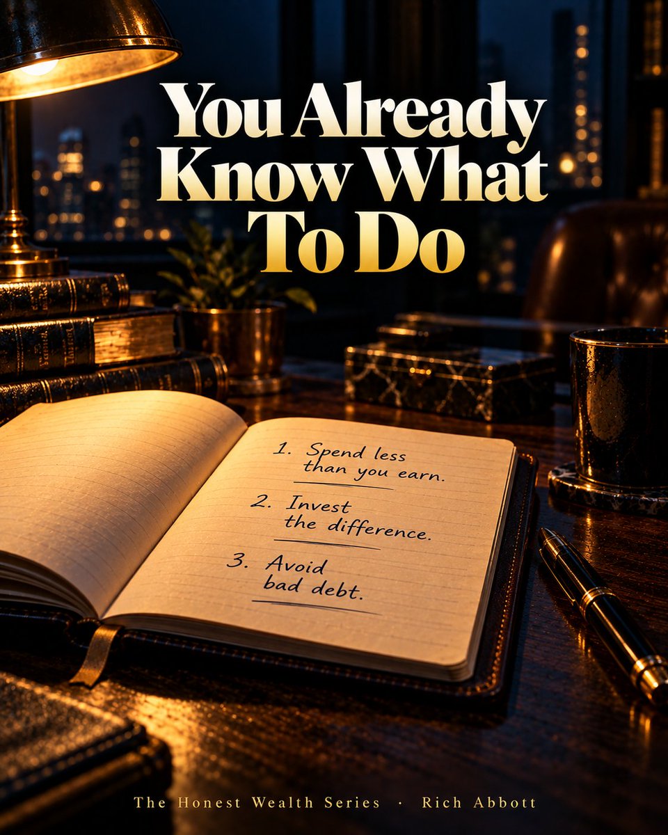 RichAbbottMedia's tweet photo. You already know what to do with money.

Spend less than you earn. Invest the difference. Avoid bad debt.

So why aren't you doing it?

The Knowledge Trap is about that gap, and what actually closes it.
https://t.co/LWmu9ne6di #ad https://t.co/al41oyVskB