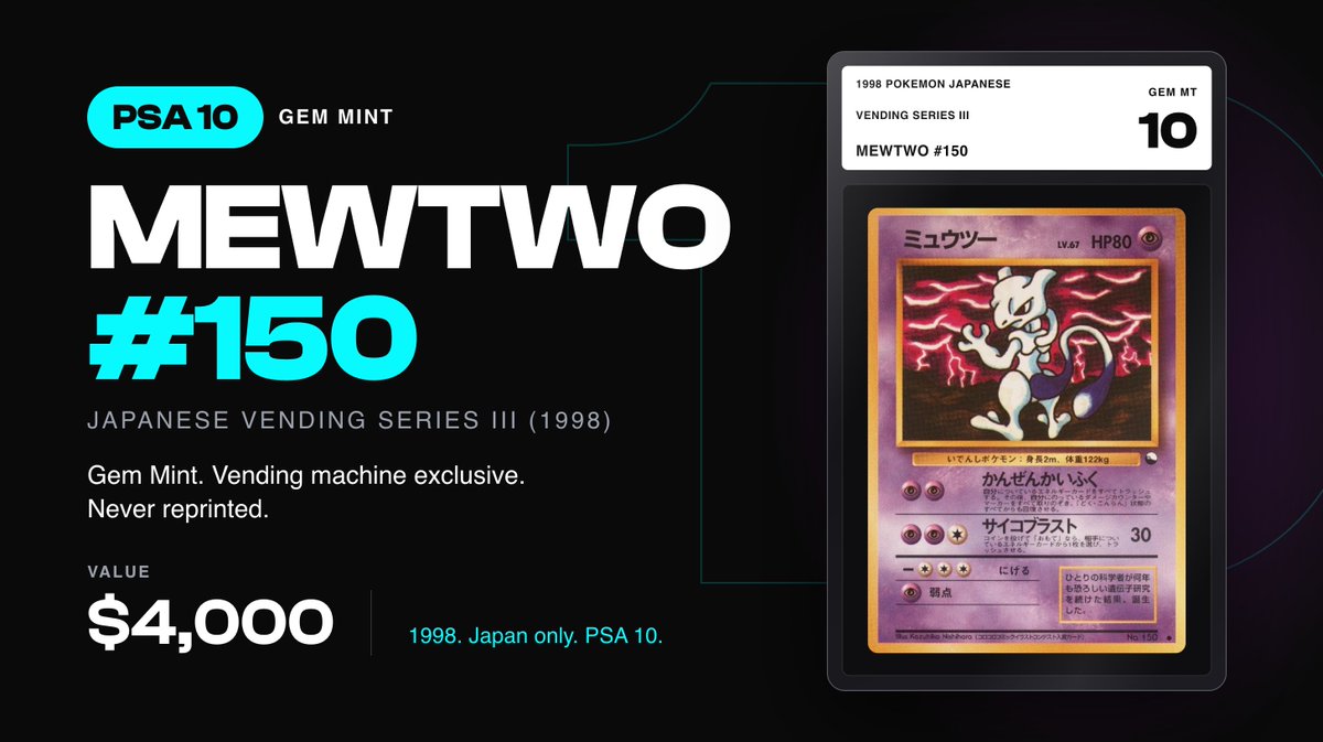 rafli_win's tweet photo. Waaaay back in 1998, Pokemon put cards in vending machines across Japan. You put in coins. Out came a sheet of three cards on glossy stock 👀

This Mewtwo #150 from that run just got a PSA 10! 
Gem Mint. 28 years old. $4,000 value 🔥

One winner. One slab.

https://t.co/OAJWE750ku