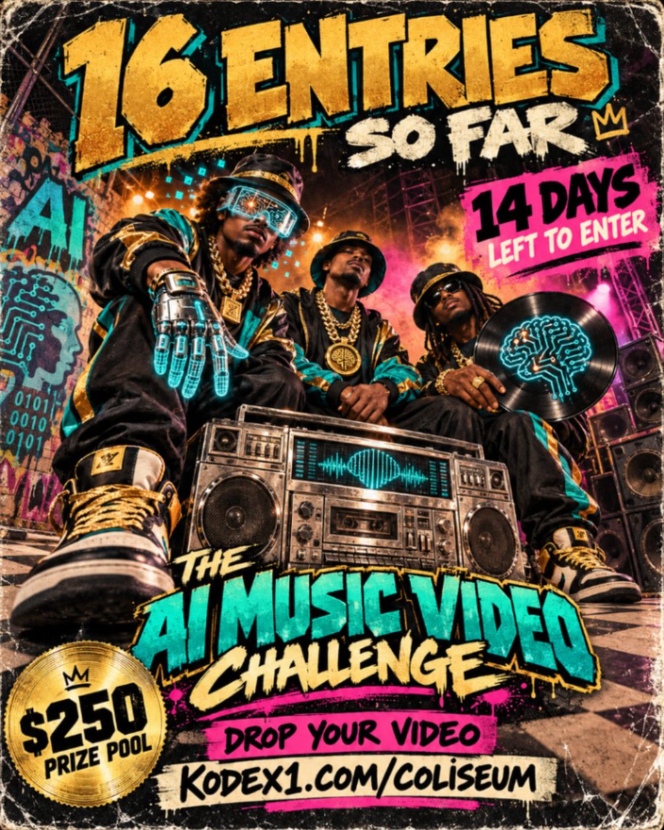 Kodex1dotcom's tweet photo. 16 entries so far.

The AI Music Video Challenge is live. $250 prize pool.
Pick your track. Direct your AI music video. Win.

Hurry. Time is running out. Submissions close 12 October.

Drop yours → https://t.co/aJx8uyNnnN
Rules on the battle page.

#kodex1 #aivideo #aimovie #aimusic #aiart
