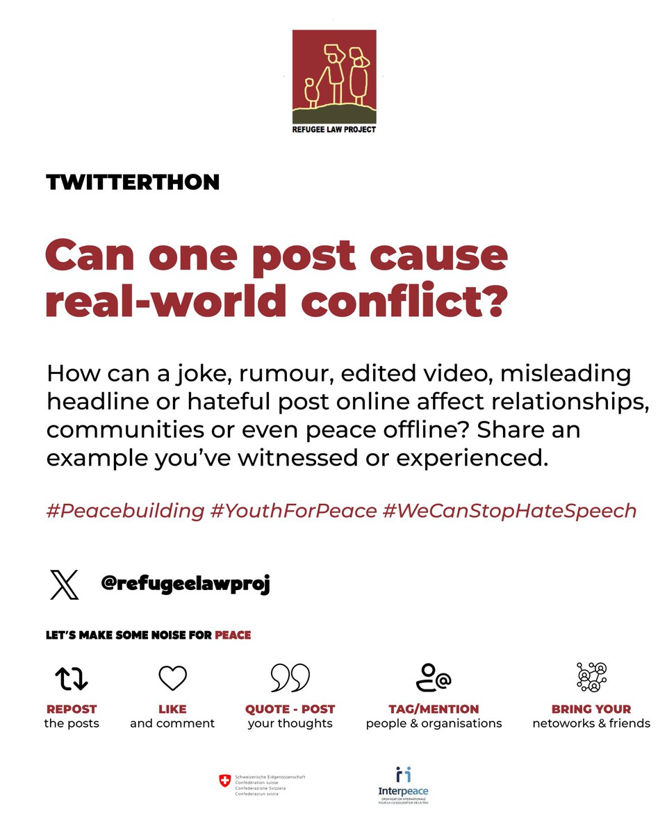 refugeelawproj's tweet photo. Can one social media post cause real-world conflict? 

How can a joke, rumour, edited video, misleading headline or hateful post online affect relationships, communities or even peace offline?
 
Share an example you've witnessed or experienced.

National Peace Leadership Conference: ‘Youth against Mis-Information, Dis-Information and Hate Speech’. September 30, 2026, in Kampala

#Peacebuilding #YouthForPeace #WeCanStopHateSpeech #GreatLakesRegion #Crossborderdialogue #peacefellows