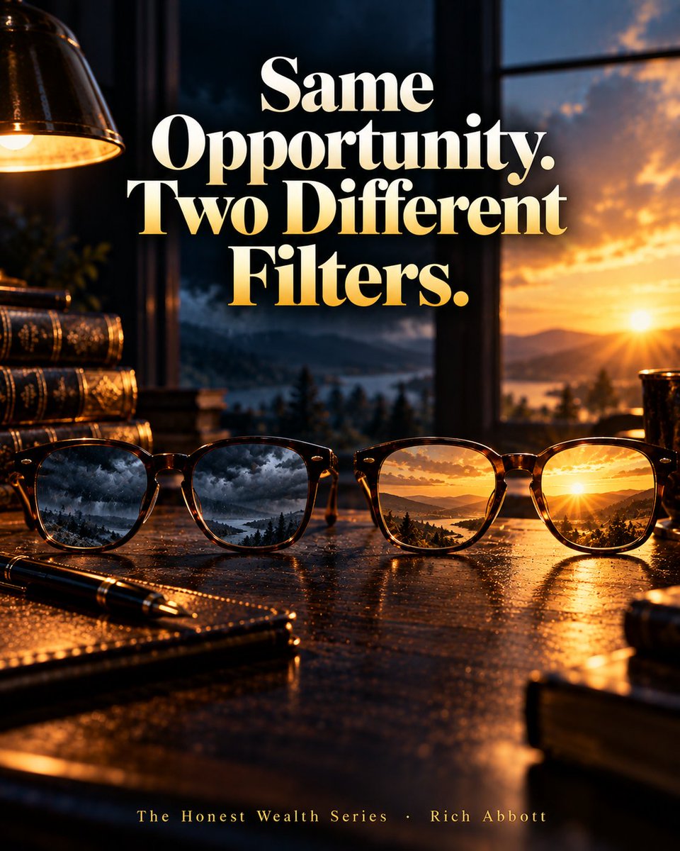 RichAbbottMedia's tweet photo. Two people see the same opportunity.

One sees risk. One sees upside.

That filter was installed years ago, and it's deciding for you right now.

The Abundance Algorithm: rewire it in 60 days.
https://t.co/unHvr9Qcmh #ad https://t.co/yo4EUDUNIN
