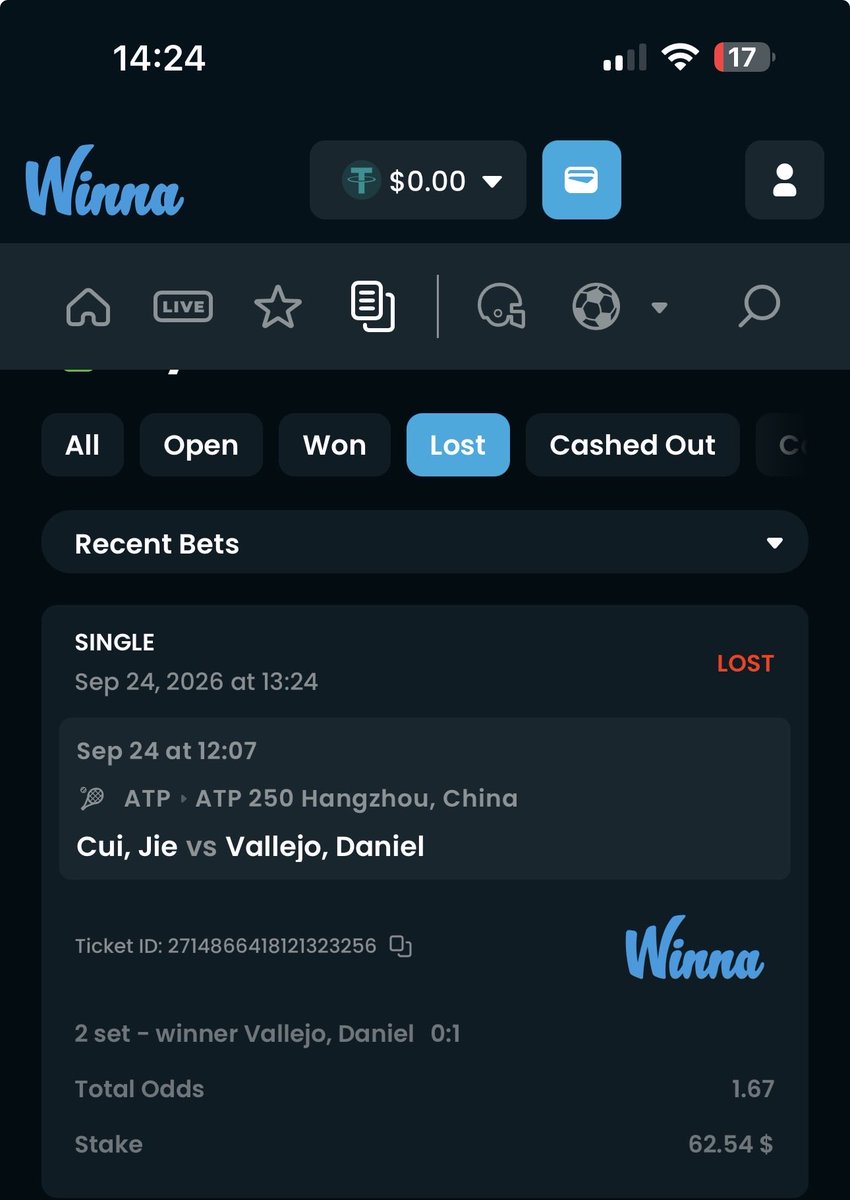 fulofilo7's tweet photo. @Streaking_ @Winna I actually had a bet on tennis on Friday. He was 1.12x at one point 🙃 https://t.co/IAIaqn9Xq6
