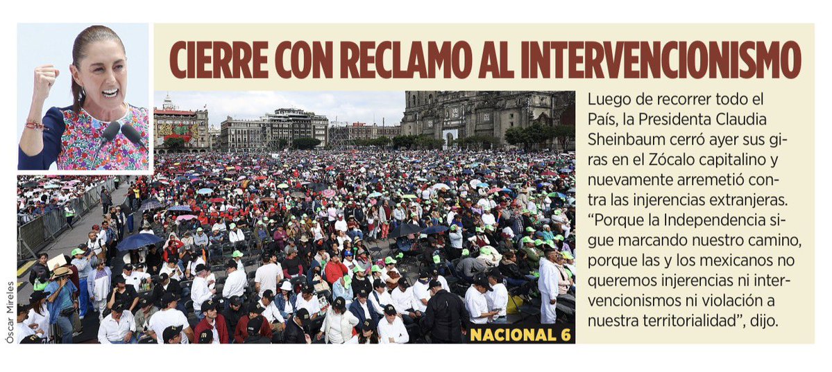 CastillaBerthis's tweet photo. Tonta. Sigue enfrentándose con EEUU.🇺🇸 🇺🇸 🇺🇸 🇺🇸 
Y nos lleva de encuentro a todos los mexicanos.

Luego de recorrer todo el País, la Presidenta Claudia Sheinbaum cerró ayer sus giras en el Zócalo capitalino y nuevamente arremetió contra las injerencias extranjeras. "Porque la Independencia sigue marcando nuestro camino, porque las y los mexicanos no queremos injerencias ni intervencionismos ni violación a nuestra territorialidad".