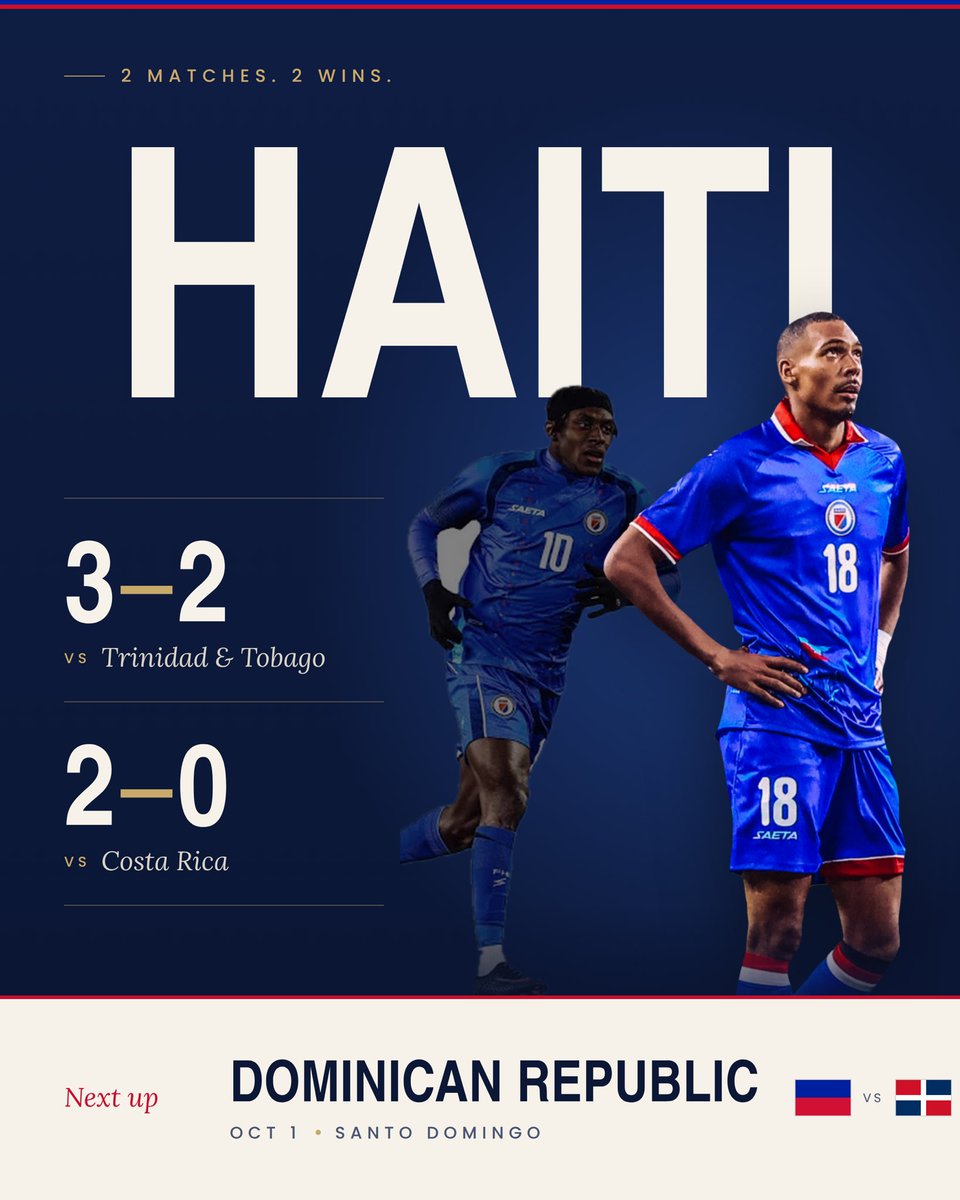 LAFtaxesGeorgia's tweet photo. 2 matches. 2 wins. 🇭🇹
3–2 vs Trinidad &amp; Tobago
2–0 vs Costa Rica
Next up: Dominican Republic
📍 Santo Domingo · Oct 1
Ann ale, Grenadye! 💙❤️
#Haiti #LesGrenadiers #HaitiFootball #Ayiti #Concacaf https://t.co/NX3cMoB9Sy