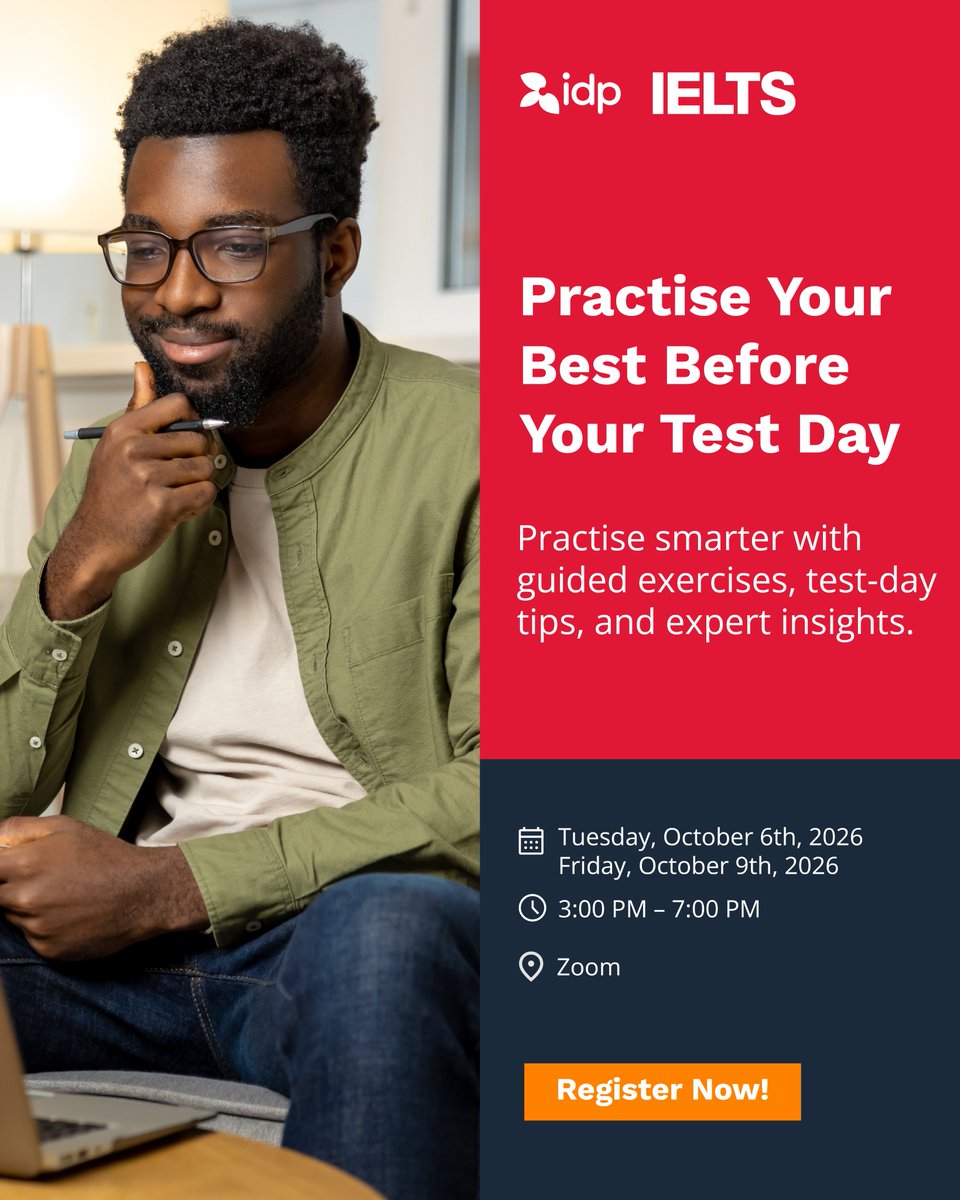 ieltsbyidpghana's tweet photo. Book your IELTS test today by clicking the link
https://t.co/K4gQtmijKv and register for the Intensive training.
Take one step closer to your study, work, or migration goals.
.
.
.
#IDPIELTS #IELTS #SuccessStartsHere https://t.co/ULZjqBUmD9