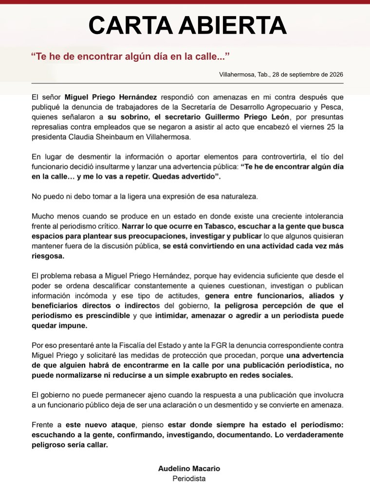 audelinomacario's tweet photo. Me amenaza ganadero tabasqueño por criticar a su sobrino, que es secretario de Ganadería y Pesca del gobierno de #Tabasco.

Con esta reacción y con el silencio que ha guardado el @Gobdetabasco, pareciera que quieren que quienes ejercemos el periodismo pidamos permiso al gobierno, a sus funcionarios y hasta a sus familiares, para decidir qué podemos publicar y qué no.
El día que aceptemos eso, dejamos de ser periodistas para convertirnos en voceros. 
Yo elijo seguir siendo periodista, incluso aunque en el estado y en el país, ejercer esta profesión sea cada vez más una actividad de alto riesgo.