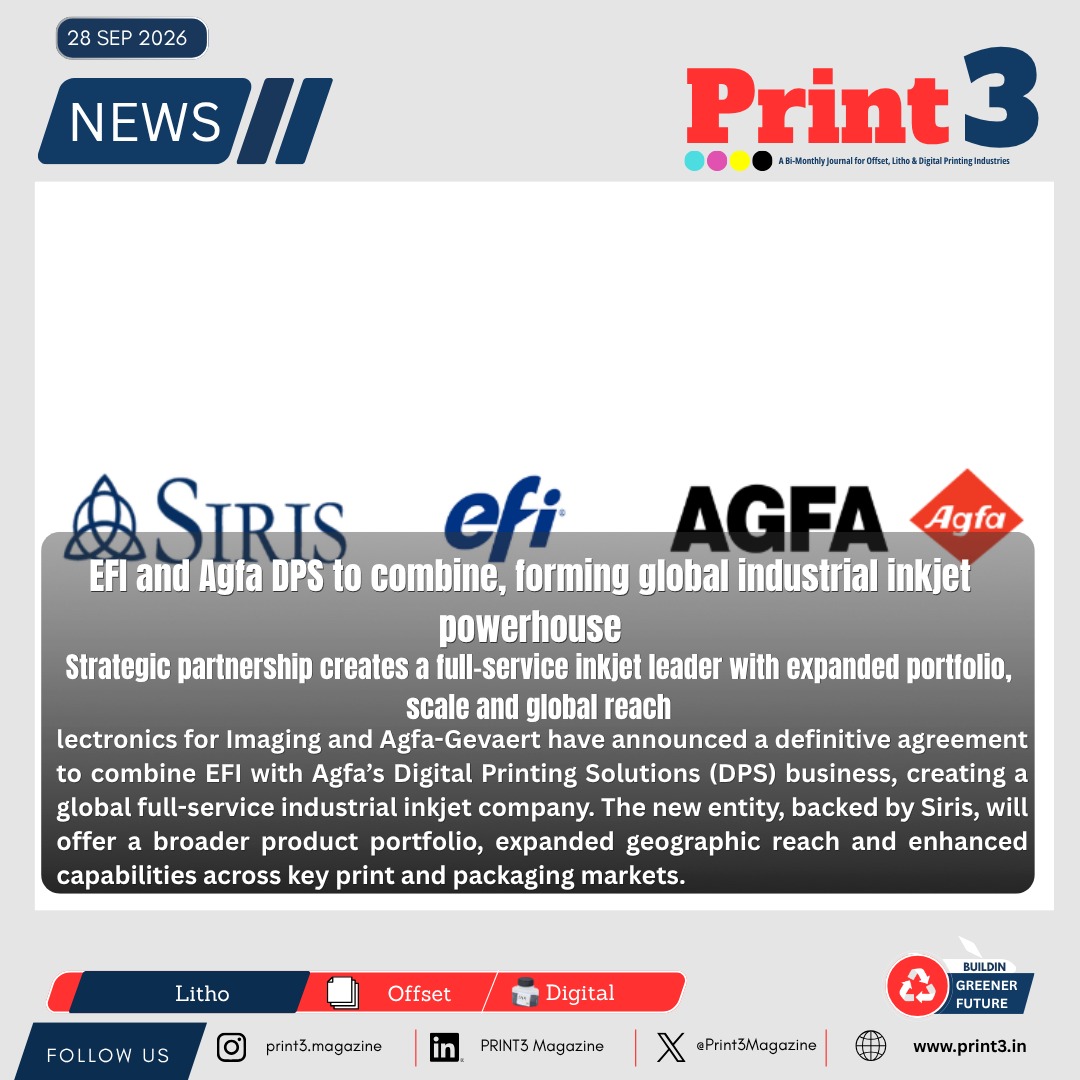 Print3Magazine's tweet photo. EFI and Agfaโs DPS Business to Combine and Form a Global, Full-Service Industrial Inkjet Company.
https://t.co/GveomWQSC5
#EFI #Agfa #IndustrialInkjet #DigitalPrinting #PrintingIndustry #Packaging #Innovation #PrintTechnology https://t.co/i3Sdh8HhKr
