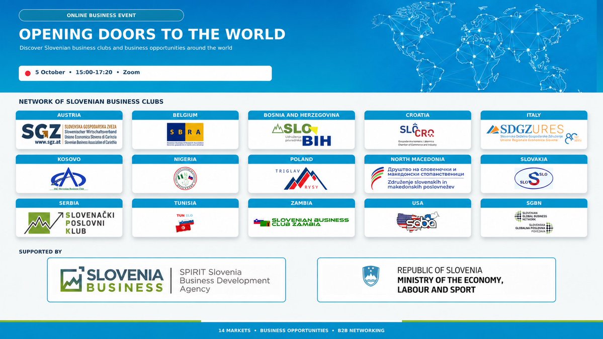 sbrabruselj's tweet photo. Looking to expand your #business internationally? Join us online on 5 October to:
🌎 Explore opportunities in 14 international markets
🤝 Connect with Slovenian business clubs worldwide
🔗 Take part in individual B2B meetings
📝 Register by 1 October 2026: https://t.co/oodRmDN2VJ https://t.co/DCNStZkwLy