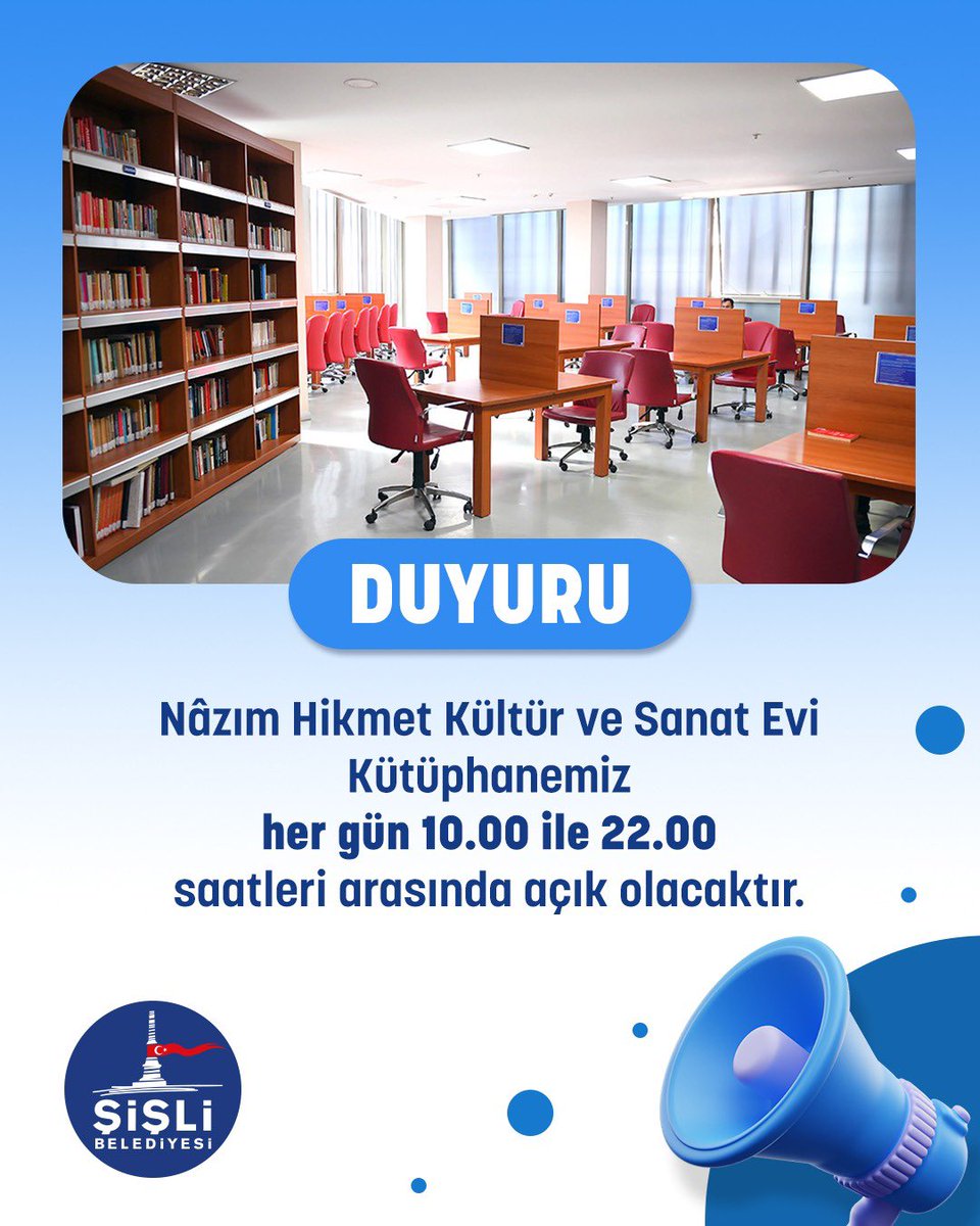 sislibelediyesi's tweet photo. Kütüphanemizin çalışma saatleri uzadı. 📣

Nâzım Hikmet Kültür ve Sanat Evi Kütüphanemiz artık her gün 10.00–22.00 saatleri arasında açık olacak. 📚 https://t.co/dk7yysRy7h