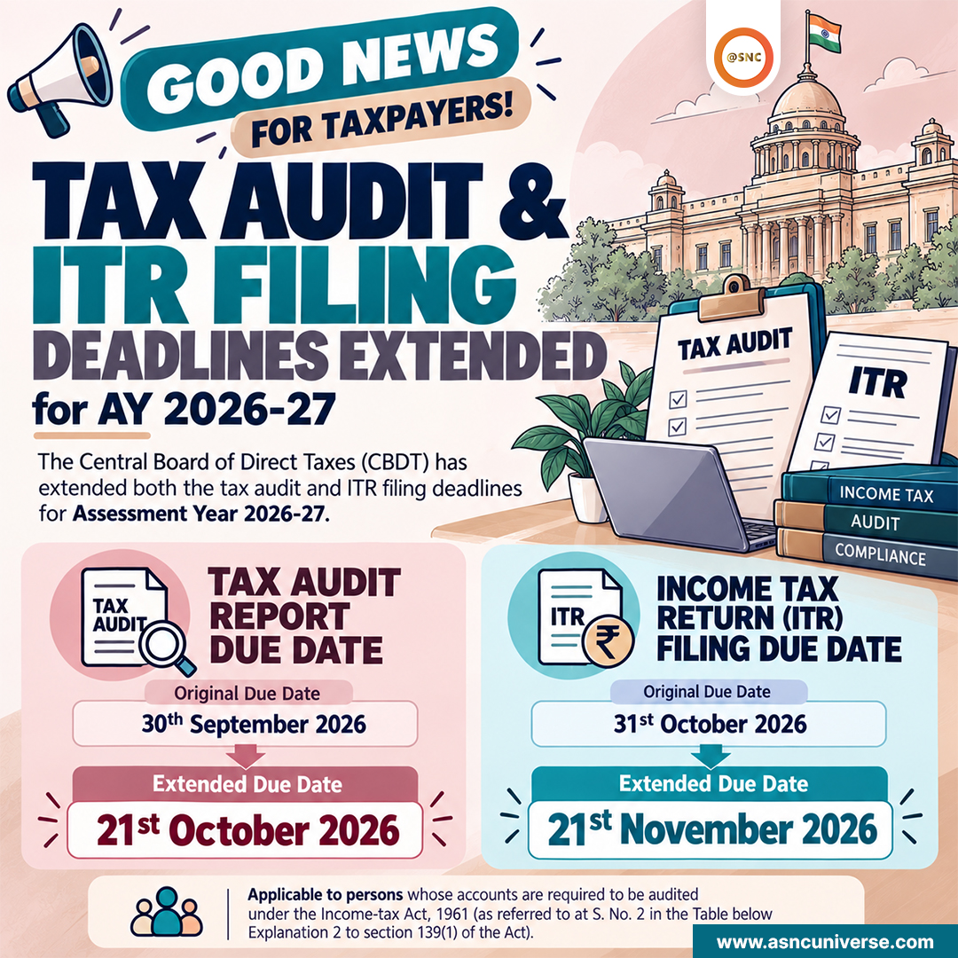 SNCoffice's tweet photo. 🚨 TAX DEADLINE UPDATE
📌 Tax Audit: 21 Oct 2026
📌 ITR Filing: 21 Nov 2026
🗓️ Save the revised deadlines & stay compliant!
#TaxAudit #ITRFiling #CBDT #IncomeTax #SNC https://t.co/IhCh2umI8v
