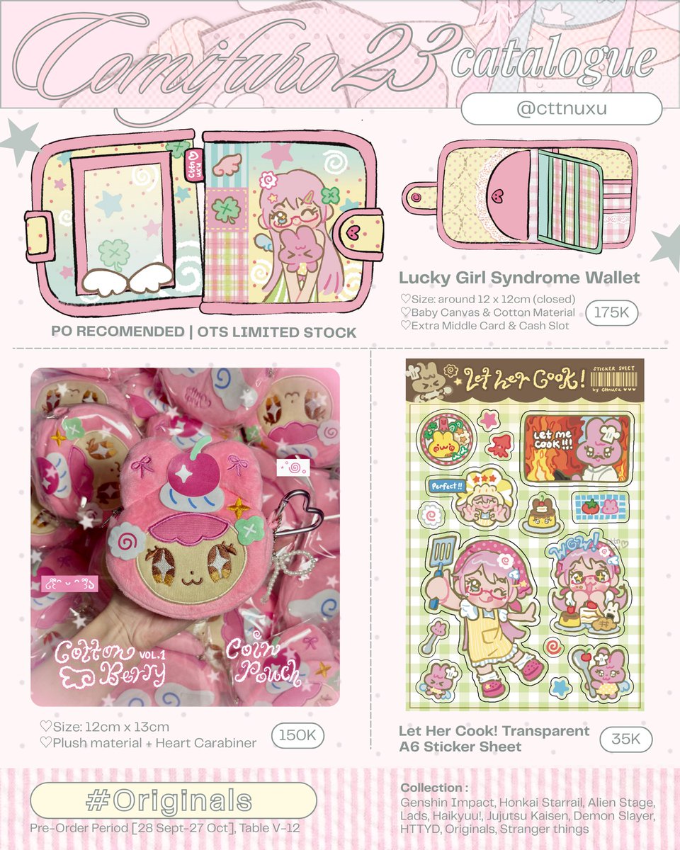 cttnuxuu's tweet photo. (1/4) [💗+🔁 are appreciated ୧⍤⃝💐]

#CF23 PO + Giveaway Open!

📅 Period: 28 Sept-27 Oct 2026
🛒 Pick up+mail order
📍 Booth [V-12]
📎 Originals | Genshin | HSR | ALNST | LADS | Plave

🎁GA for 2 winner of 100K worth of merch

More info &amp; 🔗 below!

#cf23catalogue #Comifuro23 https://t.co/XrTqhOhBwC
