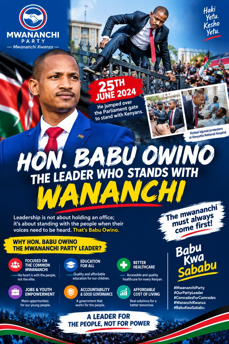 PatrickKat62016's tweet photo. On 25 June 2024, Babu Owino stood with wananchi against the Finance Bill and visited injured protesters at KNH. Through the Mwananchi Party, he continues to champion lower living costsbetter education and healthcare, accountability, and dignity for every Kenyan Mwananchi first https://t.co/ryu8GO0Tua