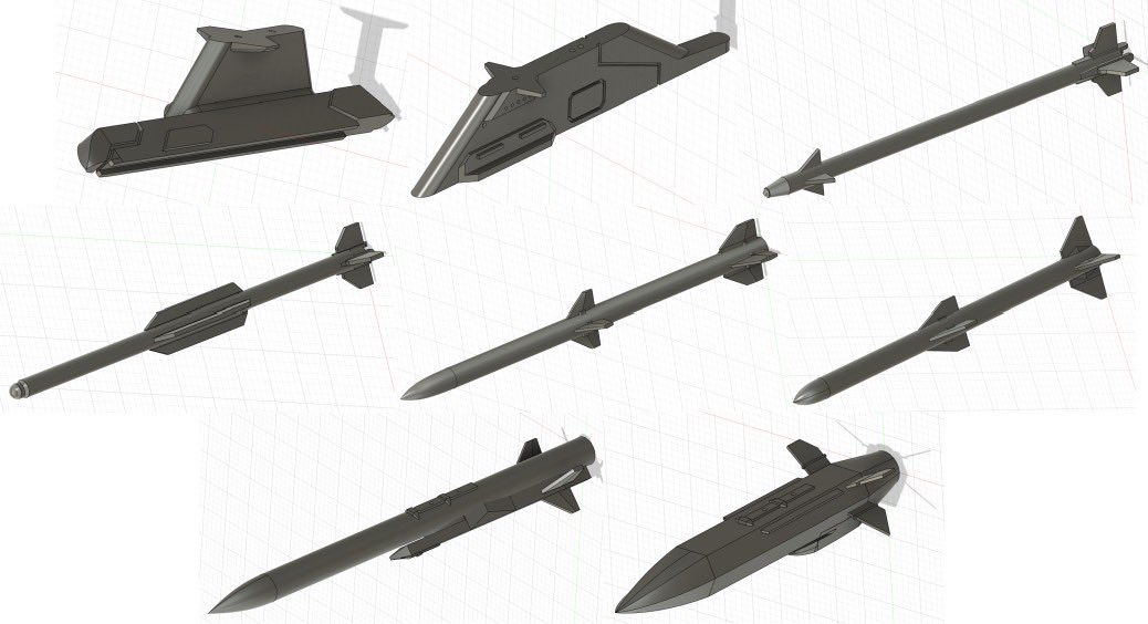 CATT_factory's tweet photo. 【検討(仮)】
・F-35用翼端パイロン
・F-35用翼下パイロン
・AIM-9X
・AAM-5 /B
・AIM-120C/D
・AAM-4 /B
・ASM-3 /A
・25SSM(ASMver)
※F-35B用ガンポッドを除外して25SSMに変更して検討。
各セット本数は悩み中…
こんな自衛隊武器セットはいかがでしょうか?
#CATT
#3Dプリンター部品
#航空自衛隊 https://t.co/mTiqNVerx0