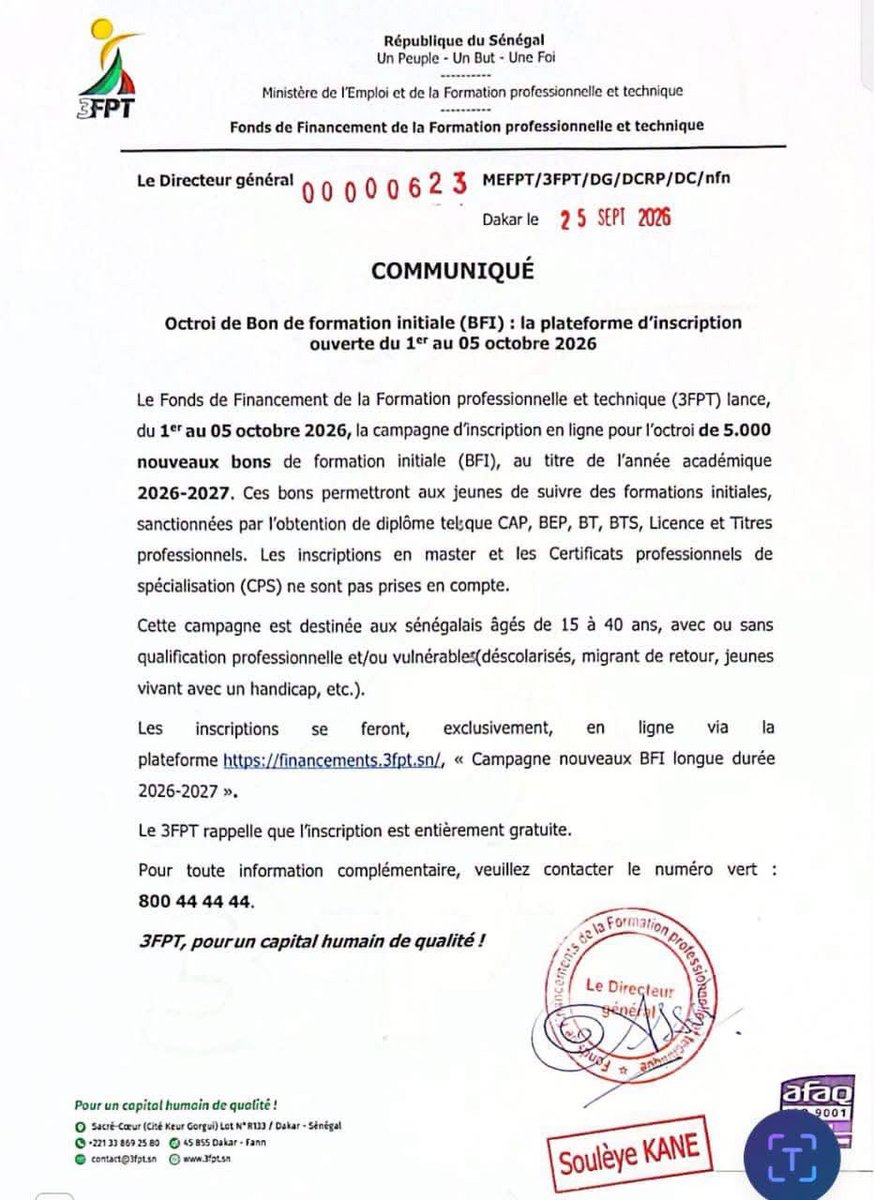 ViePubliqueSN's tweet photo. 🎓 5 000 BONS DE FORMATION À POURVOIR

Le 3FPT ouvre les inscriptions pour l’octroi de 5 000 nouveaux Bons de Formation pour l’année académique 2026-2027.

📅 Inscriptions du 1er au 5 octobre 2026

👥 Sénégalais de 15 à 40 ans

🎓 CAP, BEP, BT, BTS, Licence et titres professionnels.

💻 Inscription exclusivement en ligne sur : https://t.co/R6TgHZHKf6

📞 Numéro vert : 800 44 44 44

Source : 3FPT