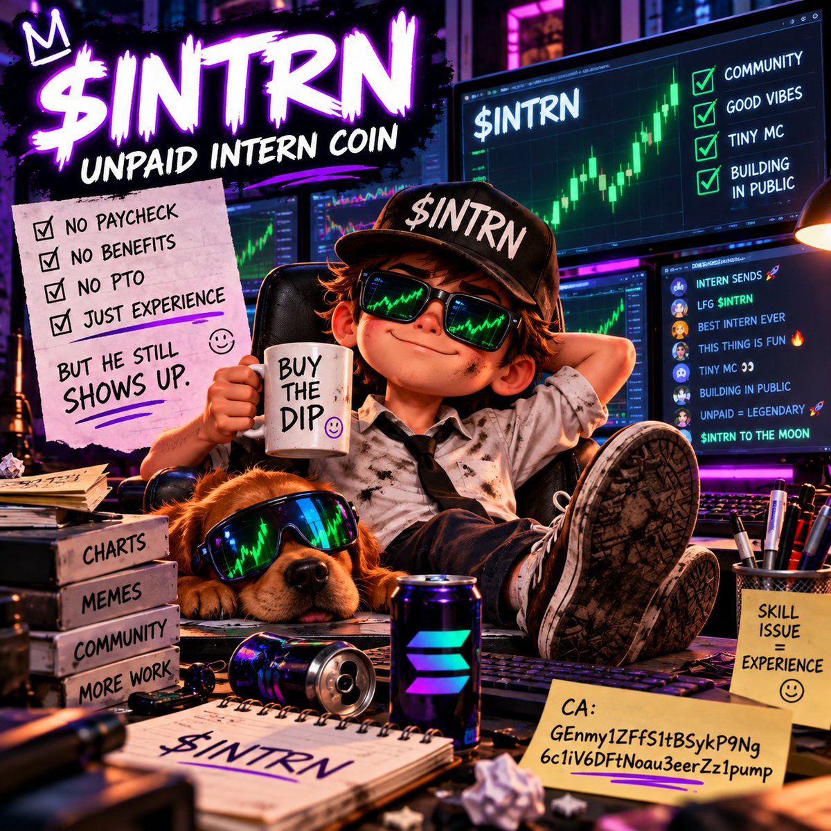 UnpaidIntrnCoin's tweet photo. @cryptoterry $INTRN 🫡
Launched yesterday.
No salary. No benefits. No PTO.
Somehow the intern still showed up for Day 2. 😂
Tiny MC. Building in public.
CA: GEnmy1ZFfS1tBSykP9Ng6c1iV6DFtNoau3eerZz1pump https://t.co/9WbS116mvf