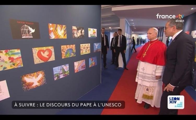 natcomgambia's tweet photo. During a historic visit by Pope Leo XIV on the 25th of September, 2026, at the UNESCO headquarters in Paris, student artwork from Armitage Senior Secondary School were spotlighted in an 80-piece global peace mural created for the International Youth for Peace competition. https://t.co/DWFv5alfkU