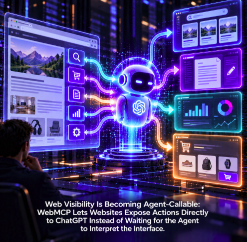 achille610's tweet photo. Web visibility is becoming agent-callable. WebMCP lets websites expose actions directly to ChatGPT instead of hoping an agent correctly interprets buttons, forms and interfaces. https://t.co/2UJUFi1InA #WebMCP #ChatGPT #AIAgents #AIVisibility https://t.co/ICNY1Ai9IK