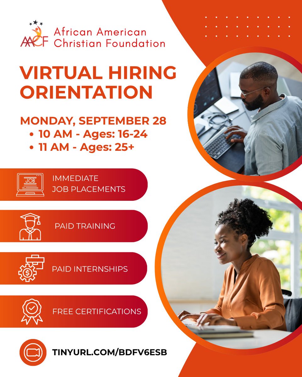 KAMITH2010's tweet photo. Virtual Hiring!
MONDAY, SEPTEMBER 28
10 AM - Ages: 16-24
11 AM - Ages: 25+
*PAID Training
*PAID Internships
*FREE Certifications
*IMMEDIATE Placements
JOIN!> https://t.co/L7QuI2XItU
#Jobs #Hiring #Employment #JobTraining #FreeCerfications https://t.co/hXknAAQTvR