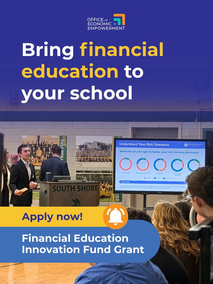 EmpowermentMA's tweet photo. Applications are open!

Eligible MA high schools and special ed programs can get up to $4,000 to host a financial education fair, giving students hands-on practice with real-life money decisions.

Apply by Oct. 23 at 5 PM: https://t.co/qsaMkBTTEV https://t.co/jzpADpRbGS