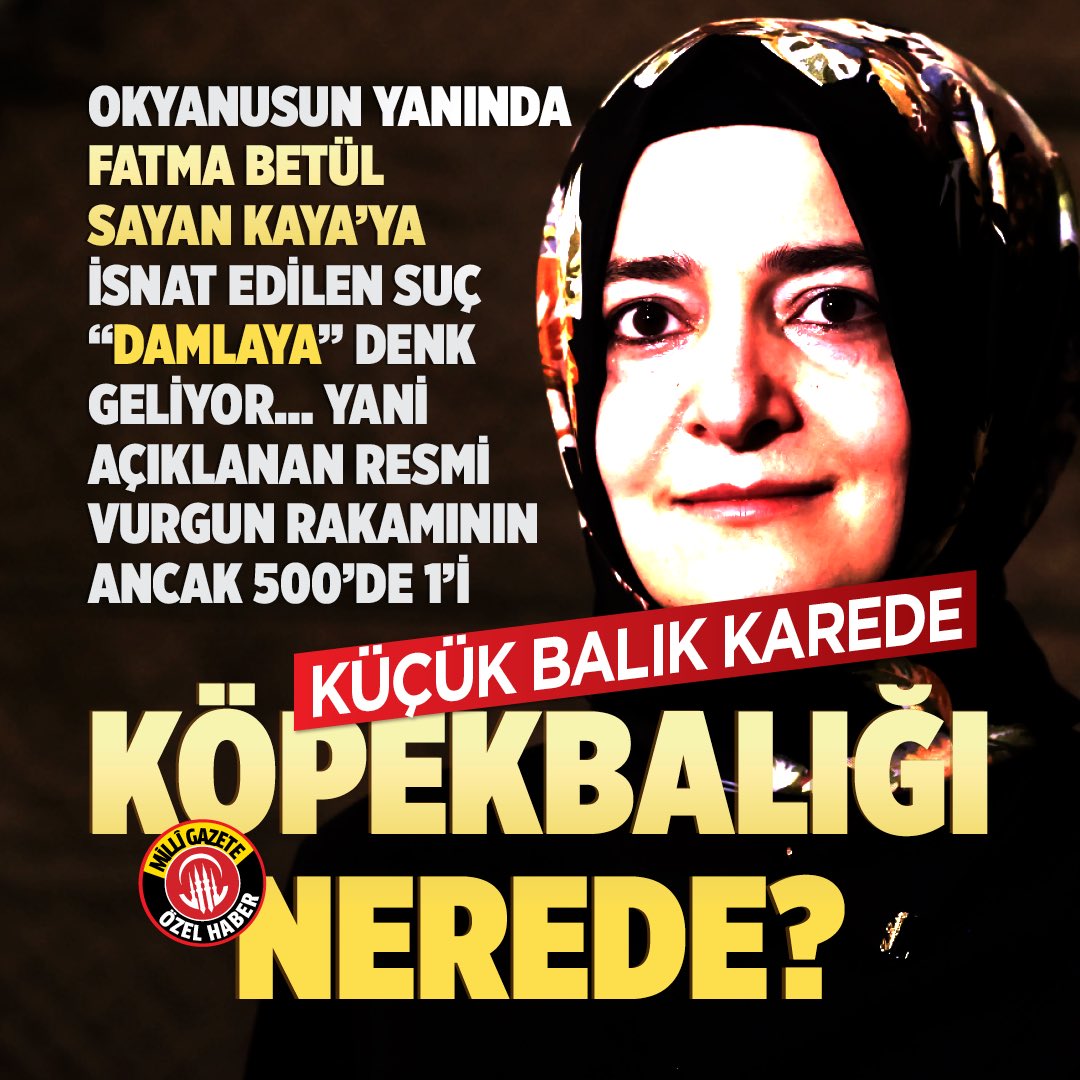 milligazetecom's tweet photo. 💢 Okyanusun yanında Fatma Betül Sayan Kaya’ya isnat edilen suç "damlaya" denk geliyor… Yani açıklanan resmi vurgun rakamının ancak 500’de 1’i...Küçük balık karede köpekbalığı nerede?

🔔Haberin detayları için tıklayın ⤵️

https://t.co/6qreExJEds https://t.co/SelFZrxnpE