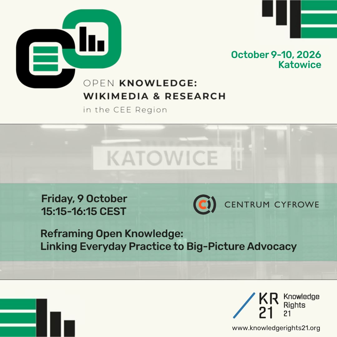 KR21org's tweet photo. 9-10 OCT | OPEN KNOWLEDGE: #WIKIMEDIA &amp; RESEARCH IN THE CEE REGION (KATOWICE, PL)
KR21 is a conference partner. Don't miss the 9 Oct panel (15:15 CEST) on how #OpenKnowledge holds up as AI reshapes the #commons, moderated by @centrumcyfrowe.
https://t.co/ampPon4mwI https://t.co/uGNkvRcLCH
