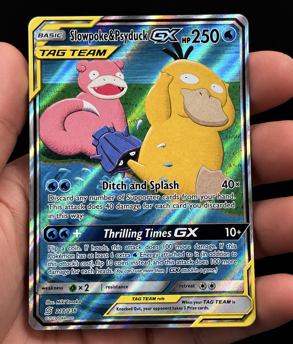 MaxLonged's tweet photo. People keep asking what I’m buying right now.

Just picked up Slowpoke &amp; Psyduck GX #218. Tag Team era, 1,551 PSA 10s, two popular Pokemon. Paid $350 USD.

Don’t chase hype. Buy proven quality. https://t.co/kIqqpXHmmX