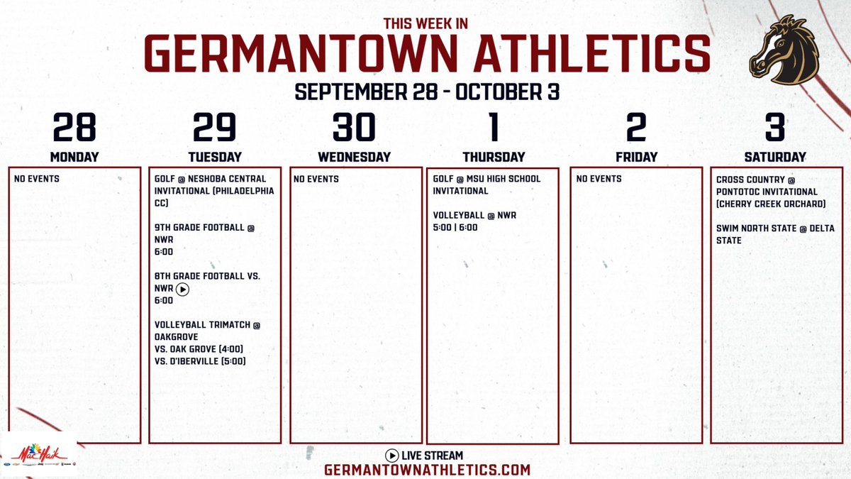 GHSMavericks's tweet photo. ▶️ THIS WEEK IN GERMANTOWN ATHLETICS 
📆 September 28 - October 3

🎟️ Purchase tickets through GoFan for athletic events
https://t.co/z2dYwpWjcD 

💻️ Live Stream
https://t.co/Ei2ChcHBWk 

#gomavs #welcometotheranch https://t.co/288Glog9Ea