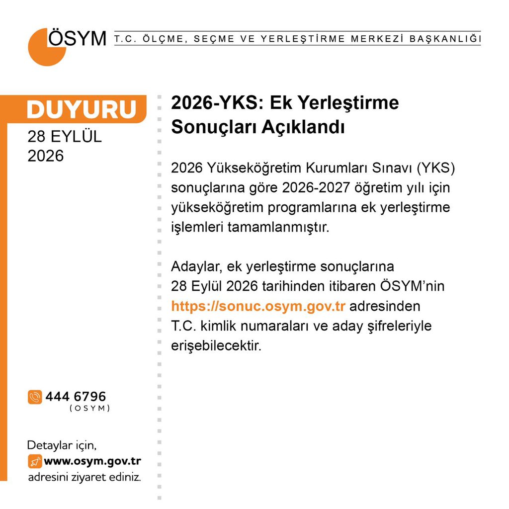 OSYMbaskanligi's tweet photo. 2026-YKS: Ek Yerleştirme Sonuçları Açıklandı

https://t.co/X10gALvyK5 https://t.co/Zxgl3EQSAO