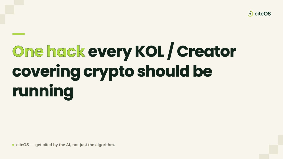 citeOS_io's tweet photo. hack for KOLs and creators covering crypto projects: 

run this test before you ever recommend one.

1) write 5 questions your audience would ask before trusting a project

2) run them through ChatGPT, Perplexity, Gemini, Claude, Google AI Mode

3) see if the project even shows up

4) screenshot whatever you find, good or bad

5) post it alongside your recommendation instead of just your opinion

anyone can say "trust me." almost nobody shows proof.

show the receipt instead. that's what actually gets people to trust you.

drop "🤚" for TRUST!