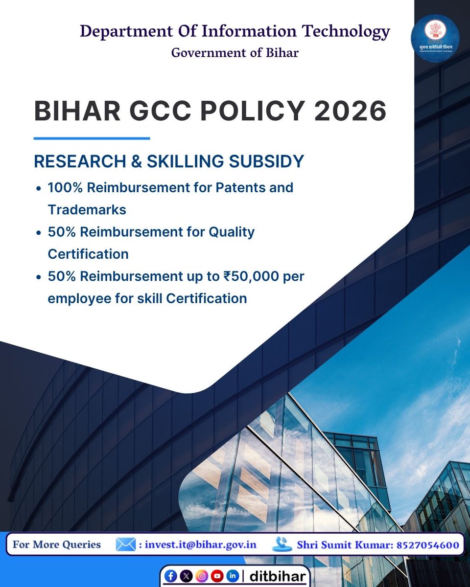 DitBihar's tweet photo. Good ideas deserve the right support.

Building a business isn’t just about having a great idea, it’s about protecting it, improving it and investing in the people behind it.
Bihar: Where Technology Meets Opportunity

@mishranitish 
@IndustriesBihar 
@BIADAbihar 
@mygovindia 
@GoI_MeitY 

#BiharGCCPolicy2026 #GCC #InvestInBihar #BuildInBihar #BiharBusiness #SkillDevelopment #Innovation #FutureReady #GCCIndia #BiharIT #businessgrowth