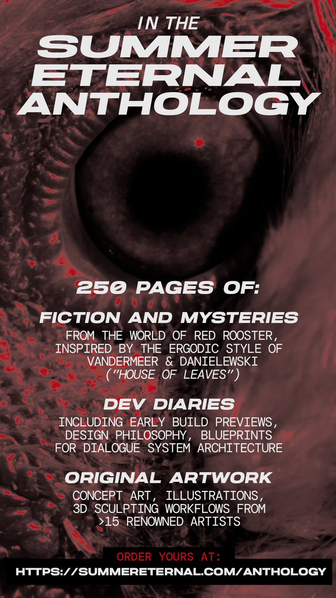summer_eternal_'s tweet photo. Summer Eternal's new RPG, "RED ROOSTER", will be revealed on 14th October.

Want to peek behind the curtain? Everyone who purchases the Summer Eternal Anthology will receive a deep dive into RED ROOSTER in 250 lush pages of development diaries, narrative mysteries and artworks: https://t.co/zrl3whn2oX