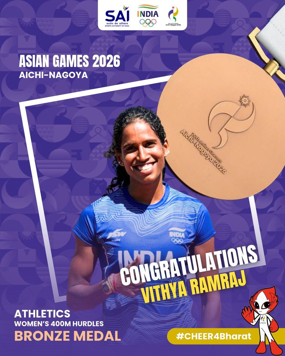 rajnathsingh's tweet photo. Vithya Ramraj adds another proud chapter to India’s athletics journey with a Bronze Medal in the Women’s 400m Hurdles at the Asian Games 2026.

This is her second medal of the Games, following her Silver in the Mixed 4x400m Relay. Her performance also saw her make history and set a new national record.

Congratulations to Vithya Ramraj on this remarkable achievement. May she continue to scale new heights and bring greater laurels to India.