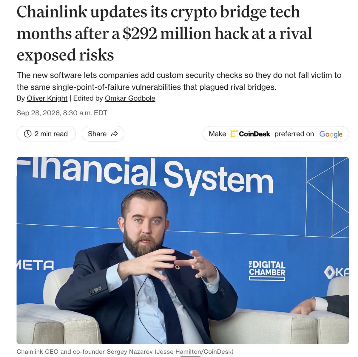 andyyy's tweet photo. JUST IN: CHAINLINK LAUNCHES CCIP 2.0 ADDING CUSTOM SECURITY CHECKS &amp; MORE.

Sibos week has kicked off strong already. We expect a lot more to come from Chainlink.

Source: CoinDesk

$LINK https://t.co/xEySacf7Zz