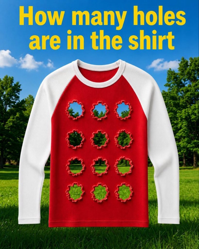 Jannatun111111's tweet photo. How many holes are in the shirt https://t.co/lzSRptHm60