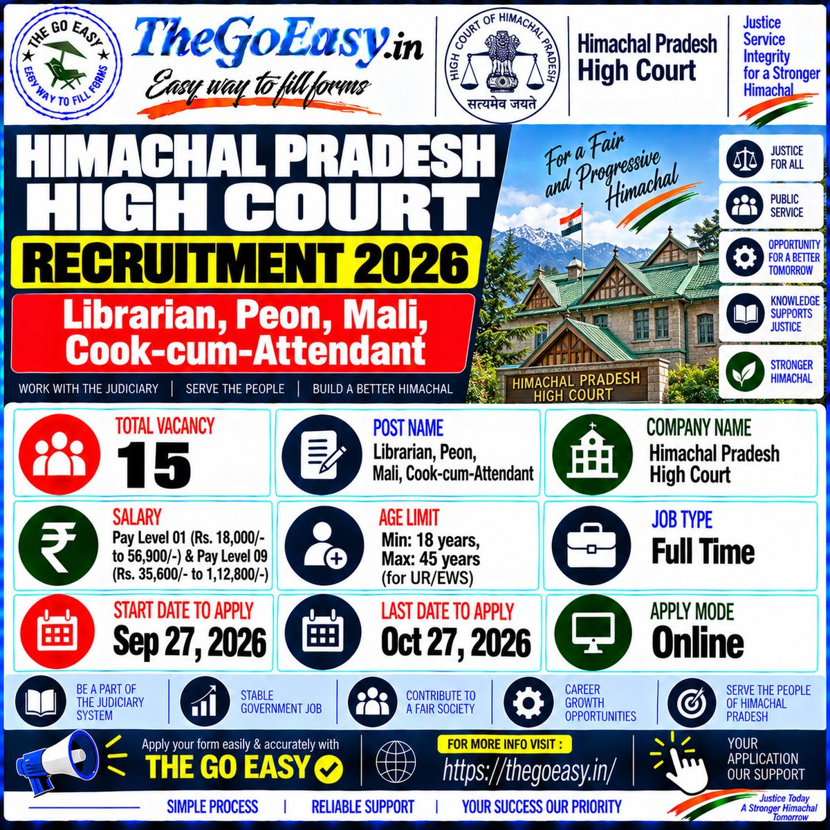 thegoeasy's tweet photo. 🚨 HP High Court Recruitment 2026 | 15 Posts
📋 Posts: Librarian, Peon, Mali, Cook-cum-Attendant
📍 Location: Himachal Pradesh
💰 Salary: ₹18,000–₹56,900 (Level 1)
🎂 Age: 18–45 Years
📅 Last Date: 27 Oct 2026
💻 Application Mode: Online
🔗 For More:
🔗 https://t.co/Fi0kUIFufJ https://t.co/ftIYNB1dOf