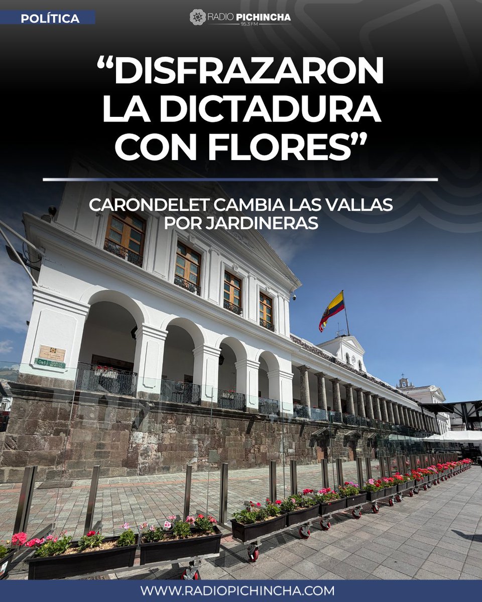 radio_pichincha's tweet photo. 🏛️#Política | Las estructuras metálicas que durante años marcaron el frente del Palacio de Carondelet fueron reemplazadas por jardineras móviles con geranios y paneles de vidrio. El cambio modifica el paisaje de la Plaza Grande, pero no elimina el cerco alrededor de la sede presidencial.
#LaRadioDeLasNoticias
Los detalles⤵️
https://t.co/pFLP072XAH