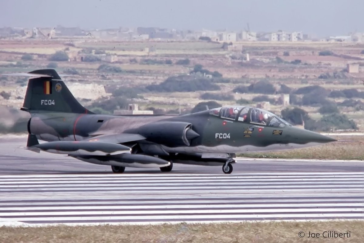 CcibChris's tweet photo. TF-104G of the Belgian Air Force making its way on to the runway at RAF Luqa, Malta in May 1976.
  credit Joe Ciliberti https://t.co/nBKJDQ5H6I