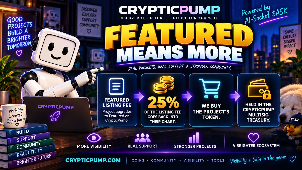 SocketAi's tweet photo. Featured should mean more than a bigger spot on the page.

When a project pays for a Featured listing on CrypticPump, 25% of that listing fee goes back into their chart.

We buy their token and hold it in the CrypticPump multisig treasury.

The project gets a buy. The treasury gets a position. 🔥