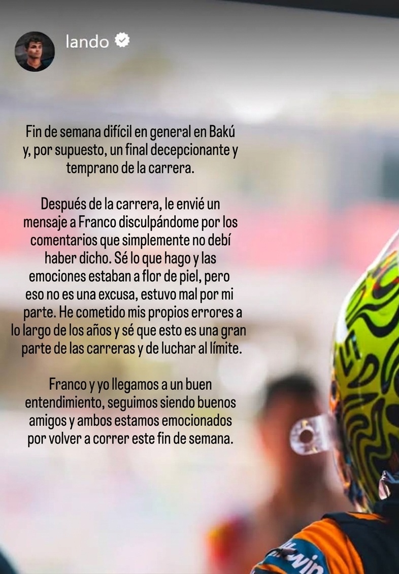 porquetendencia's tweet photo. "Lando":
Porque Lando Norris contó que se disculpó con Franco Colapinto tras sus comentarios en el #AzerbaijanGP https://t.co/ML8F9UYEkm