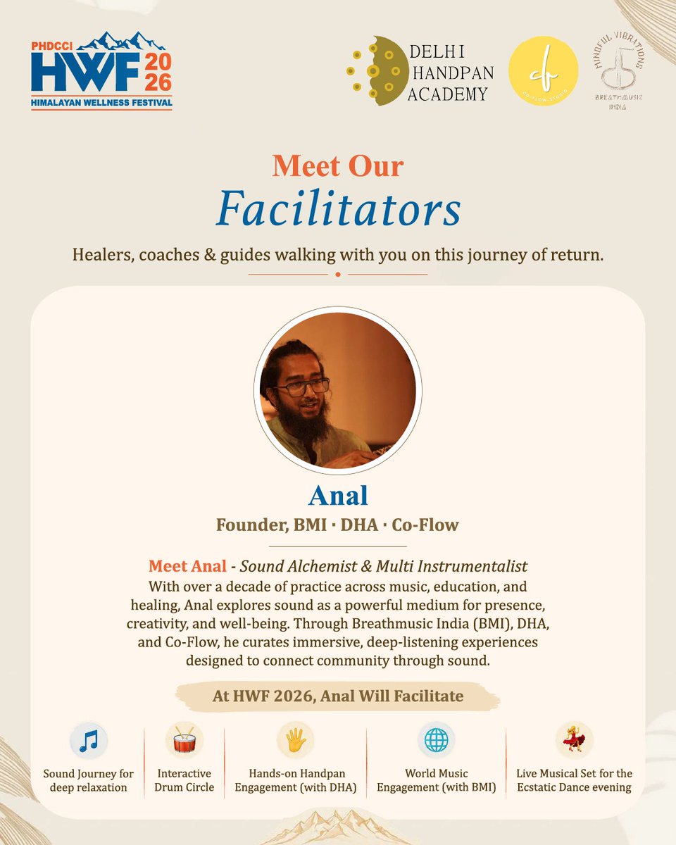 HimalayanWell's tweet photo. Meet Anal — Sound Alchemist &amp; Multi-Instrumentalist. 

23–25 October 2026
The Punarnava Wellness Resort, Dehradun, Uttarakhand

Experience wellness through sound. 

#himalayanwellnessfestival https://t.co/WFFneYYSnX