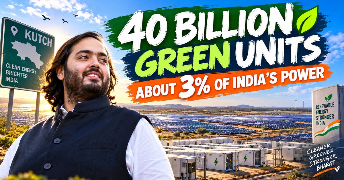 Rajveerone's tweet photo. #100GWCleanEnergy2030 
 Anant Ambani's 40 billion unit renewable hub is a game-changer for India's energy future. This kind of bold climate action from industry leaders is exactly what the country needs right now. https://t.co/8N4BRRcHsQ