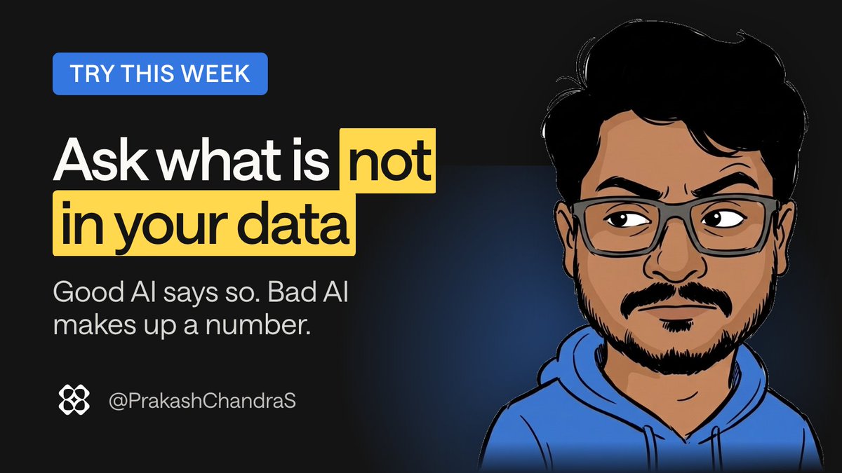PrakashChandraS's tweet photo. Most AI analytics demos show the happy path.

The better test: ask about something that is not in your data. A good AI analyst says so. A bad one makes up a number.

Try it on your tool this week. https://t.co/I4sGpMoI0O