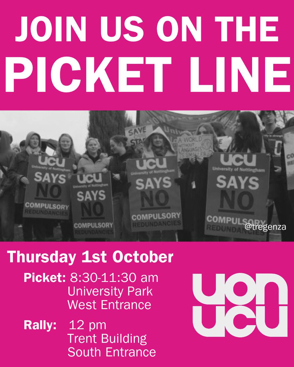 UoNUCU's tweet photo. Strike action begins this week!

Wednesday: meet on the steps outside Portland at noon to collect and then distribute flyers

Thursday: picket from 8:30-11:30 on University Park's West Entrance and then walk to a 12 PM Rally at Trent's South Entrance

See you there and solidarity https://t.co/vLxzuCZfAp