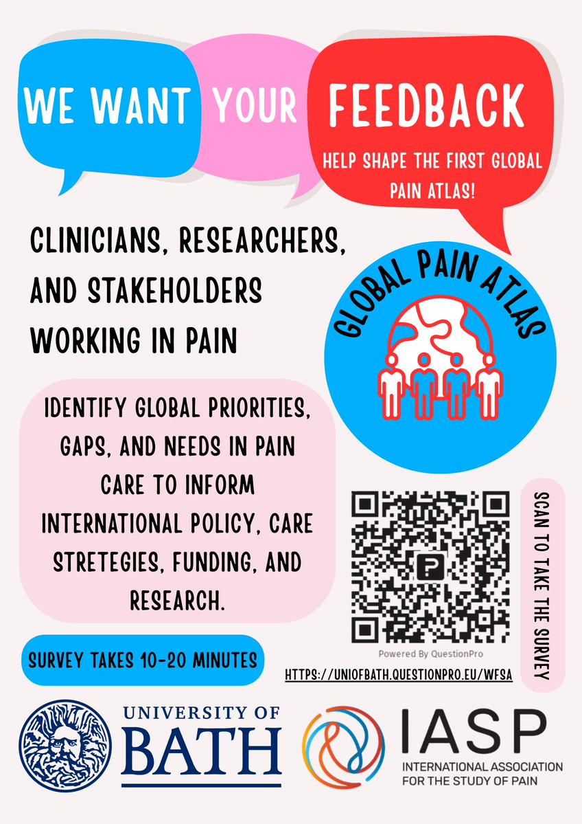 wfsaorg's tweet photo. 🌍 Have your say on the future of pain care and research
Are you a clinician, researcher or stakeholder working in pain? Take part in the Global Pain Atlas survey by the University of Bath and International Association for the Study of Pain (IASP).
⏱️ 10-20 minutes
🔗 Take the survey: https://t.co/D4VS5cOSEm

Your experience can help identify global gaps, priorities and needs, informing policy, care strategies, funding and research.