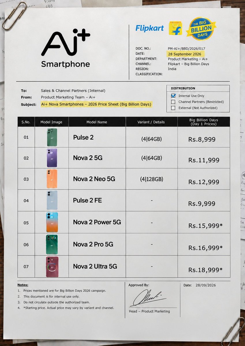 AmreliaRuhez's tweet photo. Flipkart BBD Prices for AI+ phones Leaked 😬 https://t.co/0ldZczsAfn