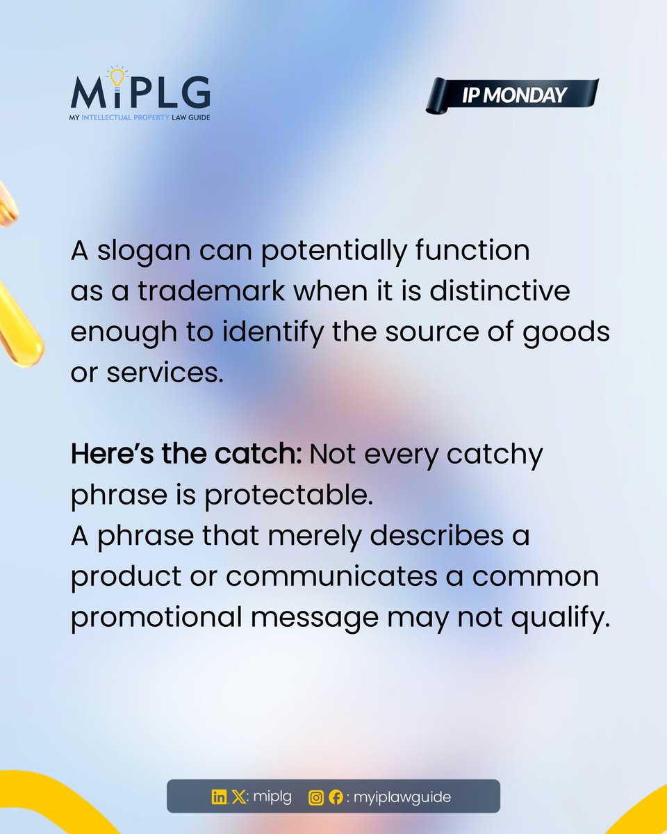 miplg's tweet photo. Quick IP Monday question for you: could your tagline survive a trademark fight?

If you have got a tagline you are proud of, it might be worth finding out which side of that line it falls on before a competitor gets there first.
Swipe through to know more👉

#MIPLG
#IPMonday https://t.co/j0N2fOzCoX