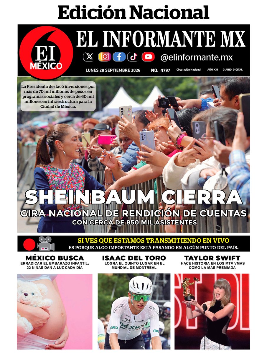 ElInformanteMX's tweet photo. #Portadas de nuestras #Ediciones #Nacional y #EstadoDeMéxico. Lunes 28 de Septiembre del 2026.
Nuestra #EdiciónDigital aquí ↓
https://t.co/fAjEzmxBmp https://t.co/n8hWl0t54D