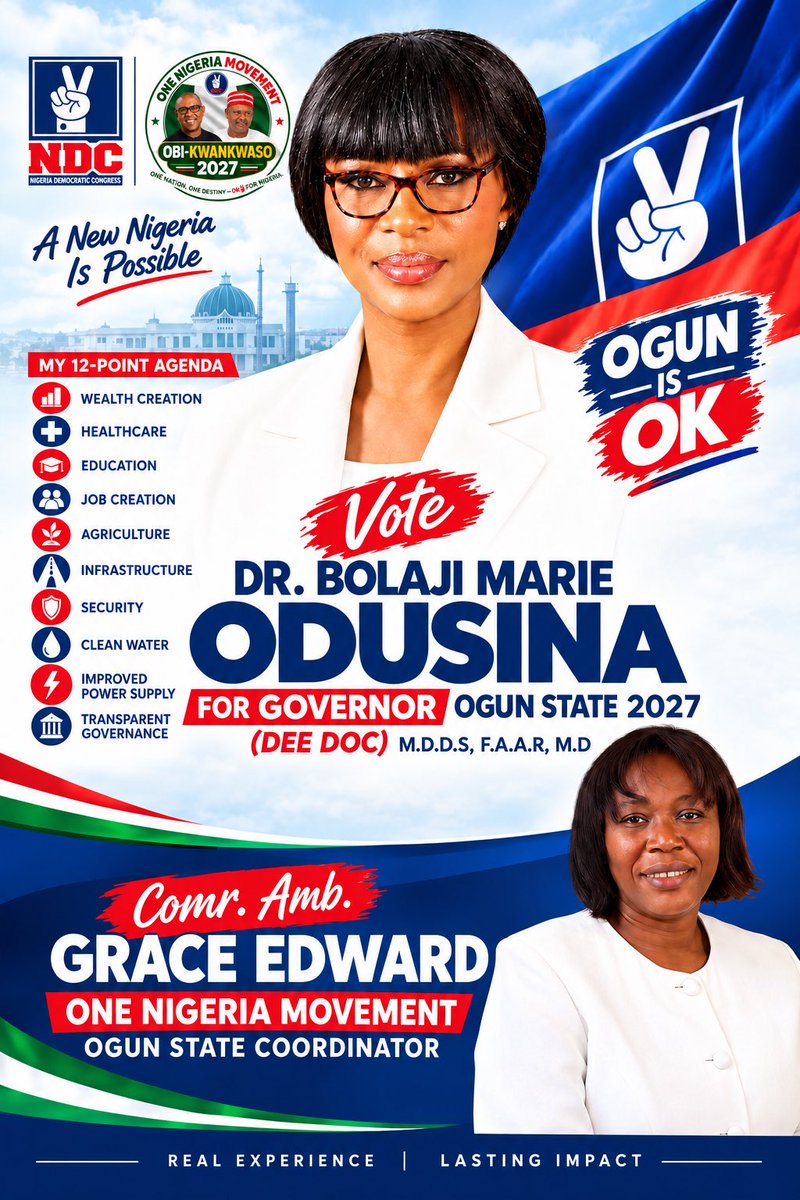 onenigeriaogun's tweet photo. OGUN STATE 2027: MEET THE CANDIDATE &amp; CAMPAIGN TEAM.

Dr. Bolaji Marie Odusina presents a 12-point agenda, alongside Comr. Amb. Grace Edward, One Nigeria Movement Ogun State Coordinator.

Read the agenda. Know our candidate Vote NDC for Ogun State Governor https://t.co/UFolt8IdM4